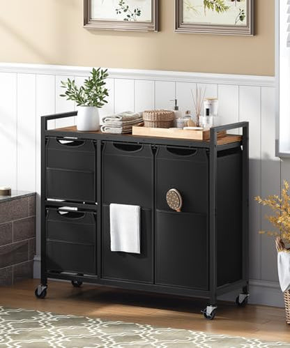 HOOBRO Laundry Sorter with 4 Section, 34 Gal. (127 L) Laundry Hamper with Wheels, Rolling Laundry Basket with Shelf, Pull-Out Detachable Bags, Side Pockets, Rustic Brown and Black BF14XY01N1 - color: Rustic Brown + Black