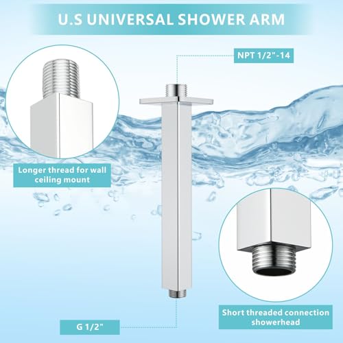 Ceiling Mounted Shower Arm with Flange, Universal Connection 1/2 NPT Straight, Made of Thicken Stainless Steel, Square Extension Arm for Fixed Rain Shower Head(16 Inch, Chrome) - color: Chrome, style: 16 Inch