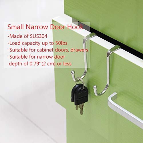 Over Cabinet Drawer Double Hooks 304 Stainless Steel Narrow Door Hook for Kitchen, Bathroom, Drawer, Wardrobe Door, Cabinet Door, Office Cubicle Partition Hook Pack of 4