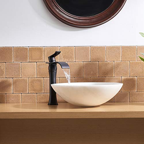 BWE Matte Black Bathroom Vessel Sink Faucet 1 Hole, Modern & Farmhouse | Single Handle, Wide Waterfall Spout, Ceramic Cartridge, Solid Brass Body, Pop-Up Drain & Water Line Included, Easy Install - color: Black