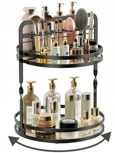 Rotating Makeup Vanity Organizer, 360 Spinning Perfume Organizer | 2-Tier Black Bathroom Countertop Organizer, Lazy Susan Counter Shelf Skincare Storage, Perfume Stand with Makeup Brush Holder - color: Black-2