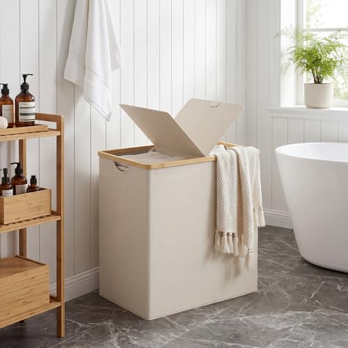 efluky Laundry Hamper with Lid, Double Laundry Basket with 2 Removable Bags, 2 Section Laundry Bin with Bamboo Handles for Bathroom, Bedroom & Laundry Room, 140L (36.9 Gallon) Beige - color: Beige, size: 140L Dual