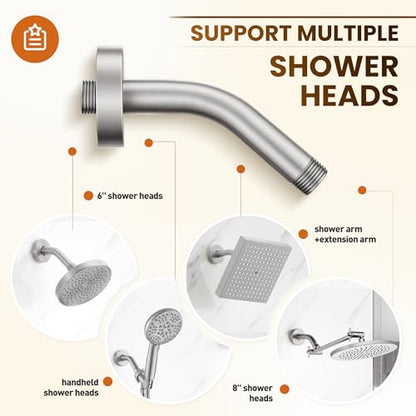 Brushed Nickel Shower Arm 6" Shower Extension Arm with Flange and Teflon Tape, Solid Brass Construction 1/2″ NPT, Close to Wall Shower Replacement for for Shower Head & Handheld Shower Head - color: Brushed Nickel
