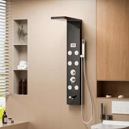 Shower Panels System with Adjustable Rainfall Shower Head and 6 Body Massage Jets, Easy Temperature Control Anti-limescale Bath Screen Shower Head Set Gentle and Rain-Like Spray Handheld Sh