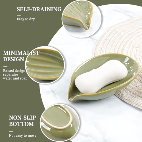 Soap Holder, Self-Draining Soap Dish, Leaf Shape Ceramic Green Bar Soap Holder Drain Soap Dishes for Bathroom Sink Kitchen, Easy to Clean Keeps Soap Dry, ANTIS'S HOME - color: Green-1pcs