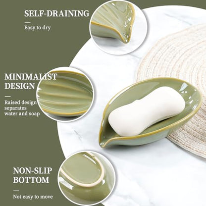 Soap Holder, Self-Draining Soap Dish, Leaf Shape Ceramic Green Bar Soap Holder Drain Soap Dishes for Bathroom Sink Kitchen, Easy to Clean Keeps Soap Dry, ANTIS'S HOME - color: Green-1pcs
