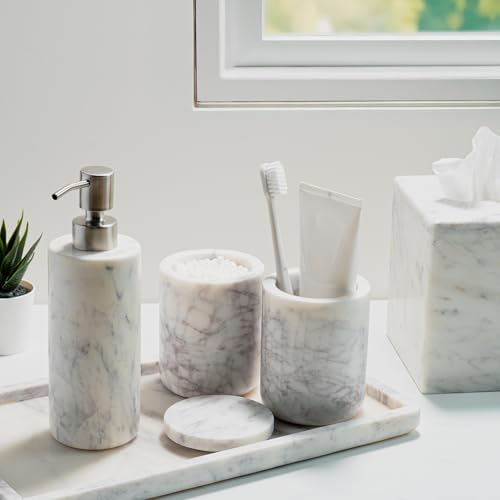 Cork & Mill Marble Toothbrush Holder Cup for Bathroom Countertop | Real White Stone, Decorative Organizer for Tooth Brush and Toothpaste, Aesthetic Vanity Accessory