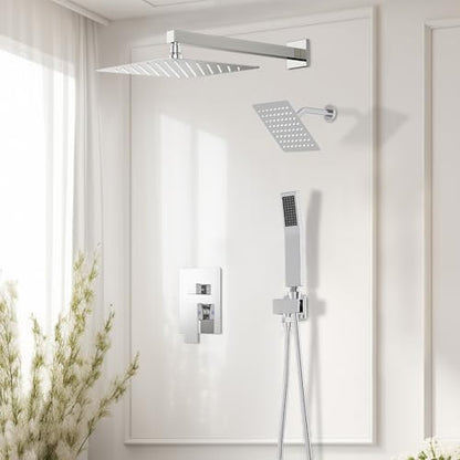 STARBATH Shower Faucet Set Shower System with Diverter Valve, Chrome | 12 Inch Rain Shower Head, 6 Inch Wall Mount Shower Head and Handheld Spray for Two Person, Luxury Shower Sets Complete - color: Chrome, size: 12"+6"-01