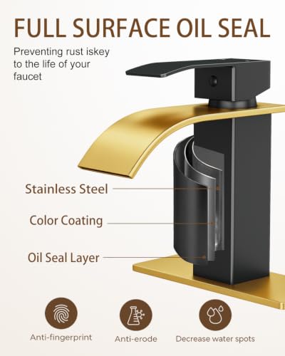 Waterfall Single Handle Bathroom Sink Faucet with Drain BlackGold | Black Gold Vanity Faucet with Pop-up Drain, Ceramic Valve, for 1 or 3 Hole Modern Bathrooms. - color: Black Gold