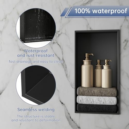 Shower Niche 24"×12" No Tile Needed, Matte Black Recessed Wall Niche, Stainless Steel, Waterproof Rust Resistant, 4in Deep for Bathroom Shower Room - size: 24"W x 12"H x 4"D