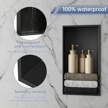 Shower Niche 24"×12" No Tile Needed, Matte Black Recessed Wall Niche, Stainless Steel, Waterproof Rust Resistant, 4in Deep for Bathroom Shower Room - size: 24"W x 12"H x 4"D
