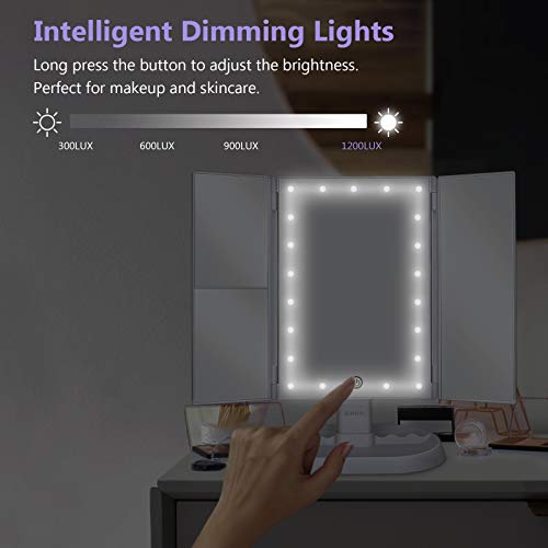 Trifold Lighted Vanity Makeup Mirror with 21 LEDs Lights,1x/2x/3x Magnification and Touch Screen Dimming,Two Power Supplies Makeup Mirror, Gift for Women - color: White