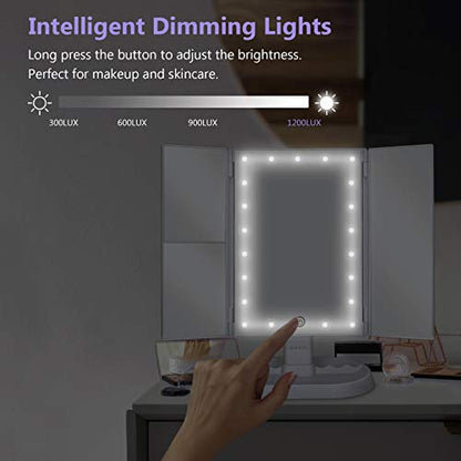 Trifold Lighted Vanity Makeup Mirror with 21 LEDs Lights,1x/2x/3x Magnification and Touch Screen Dimming,Two Power Supplies Makeup Mirror, Gift for Women - color: White
