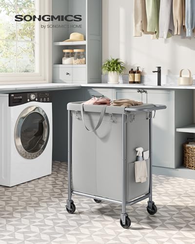 SONGMICS Laundry Basket with Wheels, 2-Section Rolling Laundry Hamper, 37 Gallons (140 L), Removable Liner, Steel Frame with Handle, 27.2 x 15.4 x 31.9 Inches, Dove Gray URLS004G01 - color: Dove Gray, size: 140 L (2-Section)