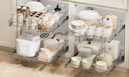 DINDON 2 Tier Pull Out Cabinet Organizer (17" W x 18" D) Heavy-Duty Metal Sliding Drawer Shelf, Two Tier Pull Out Shelves for Kitchen Cabinets, Pantry, Bathroom, Chrome Finish - size: 17" W X 18" D