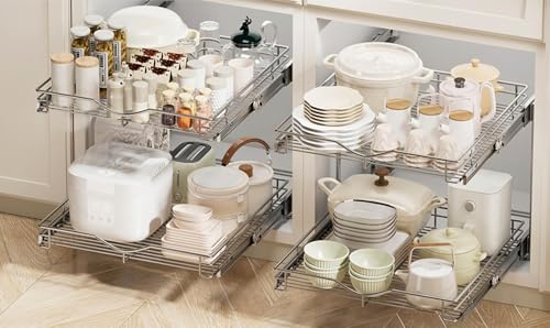 DINDON 2 Tier Pull Out Cabinet Organizer (20" W X 18" D), Double Tier Wire Basket Slide Out Shelf Storage for Kitchen Base Cabinet Organization for Kitchen, Pantry, Bathroom, Chrome - size: 20" W X 18" D