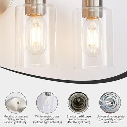 Bathroom Light Fixtures 3-Light Bathroom Vanity Light Brushed Nickel | Stainless steel body, Clear glass shade, E26 scoket, Anti-rust, Easy to install, Vanity lighting fixtures, Over mirror, 18 in - color: Brushed Nickel, size: 3 Light