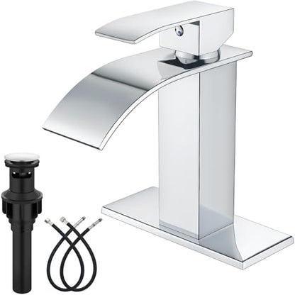 Midanya Waterfall Bathroom Faucet 1 Hole,Polish Chrome | with 24” Hoses,Pop Up Drain,6” Deck Plate,for 1 or 3 Hole Vanity,Lavatory,RV,Single Handle Bathroom Sink Faucet,NSF Certified - color: Chrome