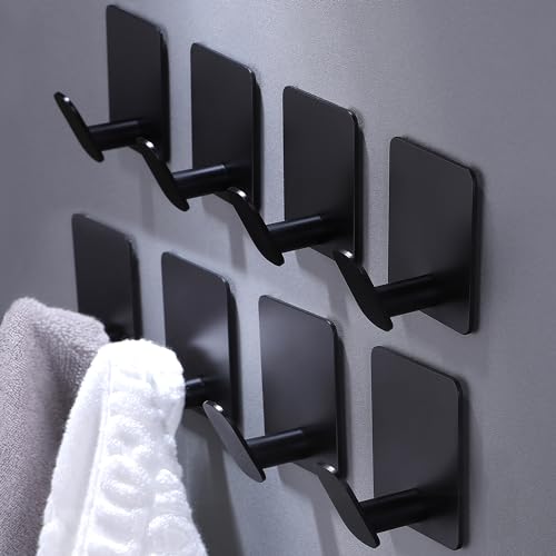 DELITON 8 Pack Adhesive Towel Hooks - Bathroom Towel/Wall Hooks for Hanging Coat Robe Stick on Bathroom or Kitchen Matte Black Stainless Steel - color: Black-8