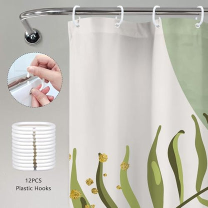 Sage Green Boho Abstract Bohemian Leaves Olive Bathroom Shower Curtain Set | Dark Botanical look; 72"W x 72"L. waterproof HD print, quick-dry fabric and free hooks for easy setup. - color: A-02sage Green, size: 72"W x 72"L (Pack of 1)