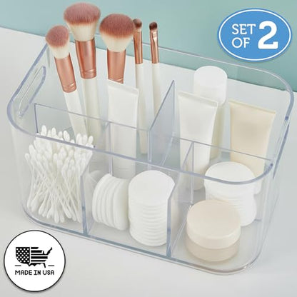 STORi Bliss 5-Compartment Plastic Cosmetics Storage Organizer, Set of 2 | Clear | Rectangular Divided Makeup Bin & Vanity Caddy with Pass-Through Handles | Round Corner Design | Made in USA - size: 2 Pack