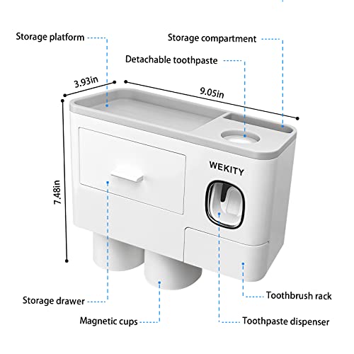Wekity Multifunctional Wall-Mounted Toothbrush Holder, Automatic Toothpaste Dispenser Space Saving Toothbrush and Toothpaste Holder, with 2 Cups and Drawers Cosmetic Organizer(Grey) - color: Grey