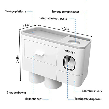 Wekity Multifunctional Wall-Mounted Toothbrush Holder, Automatic Toothpaste Dispenser Space Saving Toothbrush and Toothpaste Holder, with 2 Cups and Drawers Cosmetic Organizer(Grey) - color: Grey