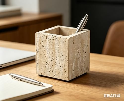 Travertine Marble Organizer Cup - Genuine Stone Toothbrush Holder, Pen & Makeup Brush Stand for Bathroom & Office Desk, Heavy Duty Non-Slip Tumbler, Modern Countertop Decor