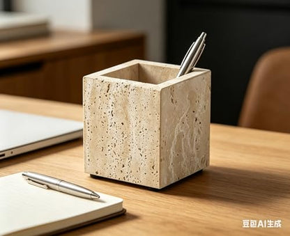Travertine Marble Organizer Cup - Genuine Stone Toothbrush Holder, Pen & Makeup Brush Stand for Bathroom & Office Desk, Heavy Duty Non-Slip Tumbler, Modern Countertop Decor