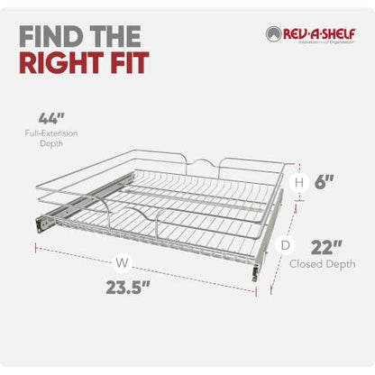 Rev-A-Shelf Pullout Drawer Organizer for Kitchen Cabinets, 24" x 22" | Steel Wire Slide Out Storage Basket, Min Opening Width of 23.5", 5WB1-2422CR-1 - size: 24" W x 22"D, style: Single Tier