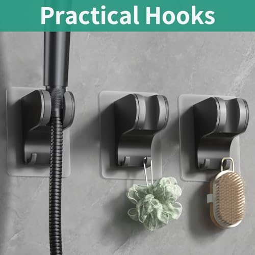 Hand Held Shower Head Holder Wall Mount, 2 Hooks, Black, 1 Pack | Shower Hose Holder Adhesive with 2 Hanger Hooks, Adjustable Shower Handle Holder, No Drilling Shower Wand Holder - color: Black