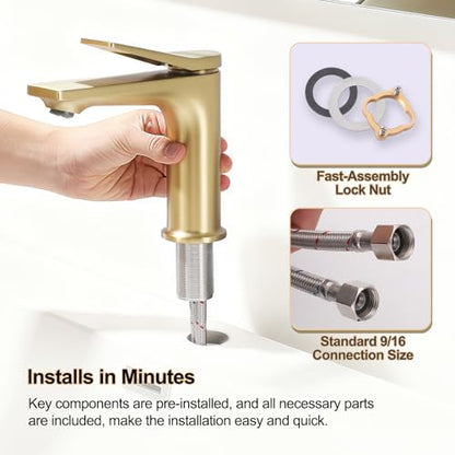 Rbrohant Single Hole Bathroom Faucet, Brushed Gold Single Handle Bathroom Sink Faucets for 1 Hole, Bathroom Vanity Faucet with Pop up Drain, Deck Mount, R2001-BG - color: Brushed Gold, style: No Escutcheon