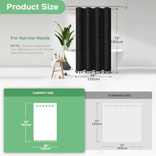 Stall Shower Curtain and Liner Set - 48 inch Wide Boho Shower Curtain and Waterproof Clear Liner, Tufted Geometric Striped Textured Tassel Shower Curtains for Bathroom, 8 Hooks, 48x72, Black - color: Black, size: 48"W x 72"L (Pack of 1)