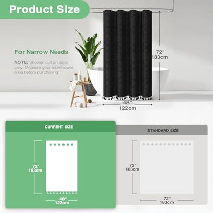 Stall Shower Curtain and Liner Set - 48 inch Wide Boho Shower Curtain and Waterproof Clear Liner, Tufted Geometric Striped Textured Tassel Shower Curtains for Bathroom, 8 Hooks, 48x72, Black - color: Black, size: 48"W x 72"L (Pack of 1)