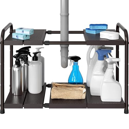 Simple Houseware Under Sink 2-Tier Heavy Duty Expandable Organizer, Bronze | Adjustable Width 15.75–25 Inches with 4 Shelf Height Levels - color: Bronze