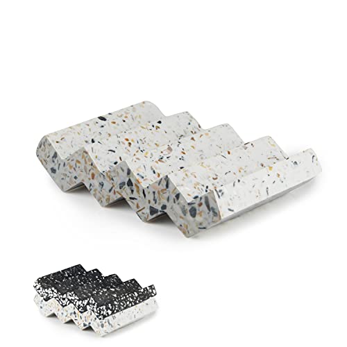 Tapeera Zig Zag Terrazzo Self Draining Soap Dish for Shower - Concrete Soap Saver for Bar Soap Holder - Sponge Holder - Kitchen Soap Tray (White) - color: White