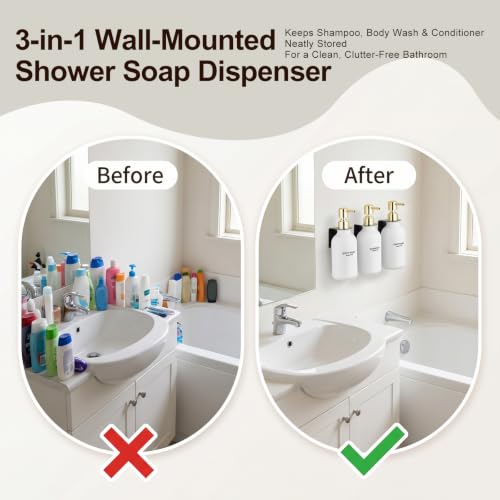 Shampoo and Conditioner Dispenser Set of 3, Matte White | Gold Pumps, 16.9 oz Refillable Bottles, No-Drill Wall Mount, 27 Labels, For Bathrooms, Hotels and Airbnbs - color: Matte White Bottle + Gold Pump