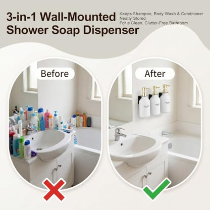 Shampoo and Conditioner Dispenser Set of 3, Matte White | Gold Pumps, 16.9 oz Refillable Bottles, No-Drill Wall Mount, 27 Labels, For Bathrooms, Hotels and Airbnbs - color: Matte White Bottle + Gold Pump