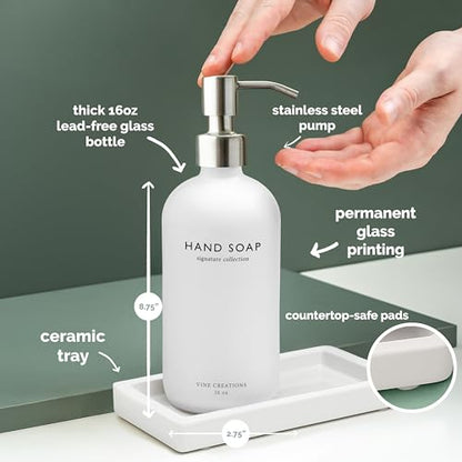 Vine Creations Glass Soap Dispenser Set, Kitchen Soap Dispenser Set with Ceramic Tray, 16 oz Dish Soap and Hand Soap Dispensers with Stainless Steel Pump Decor (White Bottle/Silver) - color: White Bottle / Silver Pump