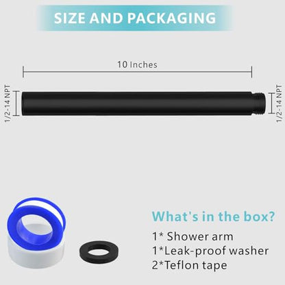 Shower Extension Arm, Solid Stainless Steel Shower Pipe Extension with Teflon Tape and Washer, For Lowering or Extending Showerhead (10 Inch, Matte Black) - color: Matte Black, style: 10 Inch