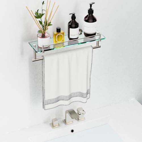 Floating Tempered Glass Bathroom Shelf with Towel Bar - Brushed Nickel & Stainless Steel, Wall Mount 16 Inch - color: Brushed Nickel, size: 16-inch with Railing