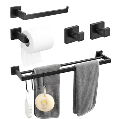9 Piece Matte Black Bathroom Hardware Set, 24 Inch Double Towel Bar with Removable Hooks, SUS304 Stainless Steel Wall Mounted Heavy Duty Rustproof Accessories for Bathroom Kitchen - color: B-24 Matte Black