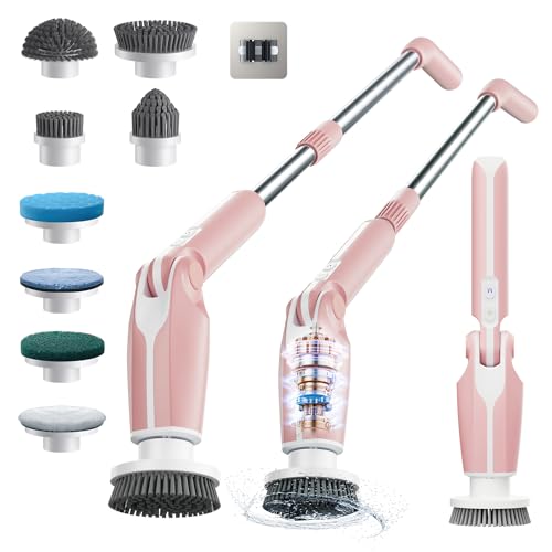 Leebein Electric Spin Scrubber, Shower Scrubber with 4 Adjustable Angles and 8 Brush Heads, Electric Scrubber with Long Handle & Remote Controller, Cleaning Brush for Bathroom, Tub, Floor (Pink)