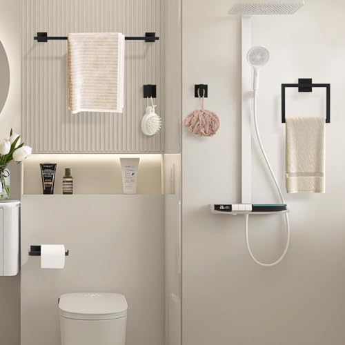 YACVCL Black Towel Bar Set 5-Piece Bathroom Hardware Accessories Set,SUS304 Stainless Steel Towel Rack Set,23.6 Inch Towel Bar,Toilet Paper Holder,Towel Ring and Towel Hooks,Wall Mounted - color: Matte Black, size: 5 Pieces