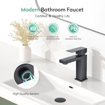 Faustina Matte Black Bathroom Faucet, Single Handle Stainless Steel Bathroom Vanity Faucet with Metal Pop-Up Drain and Deck Plate for 1 or 3 Hole - color: Black, style: Classic