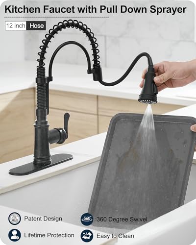 3-Function Kitchen Faucets with Pull Down Sprayer, 1 Hole or 3 Hole Kitchen Faucet Black, 1 Handle Kitchen Sink Faucets, 360 Degree Swivel Stainless Steel Faucet for Kitchen Sink with Deck Plate - color: Matte Black - Classic