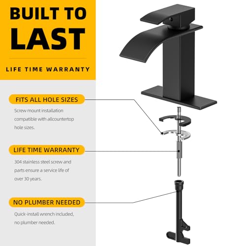 Waterfall Bathroom Faucet, Matte Black Stainless Steel, 1-Handle | Modern Bathroom Sink Faucet for RV & Outdoor Basins, Pop-Up Drain, Supply Lines, 6-in Deck Plate, 1- or 3-Hole, NSF Certified - color: Matte Black