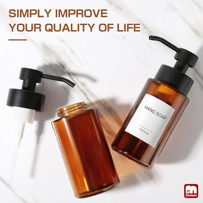 GMISUN Glass Foaming Soap Dispenser, 10 Fl oz / 300ml Amber Glass Soap Dispenser for Bathroom & Kitchen, 2 Pack Modern Refillable Foam Hand Soap Dispensers, Bathroom Hand Soap Dispensers with Labels - color: Amber Bottle, size: 10 Fl oz