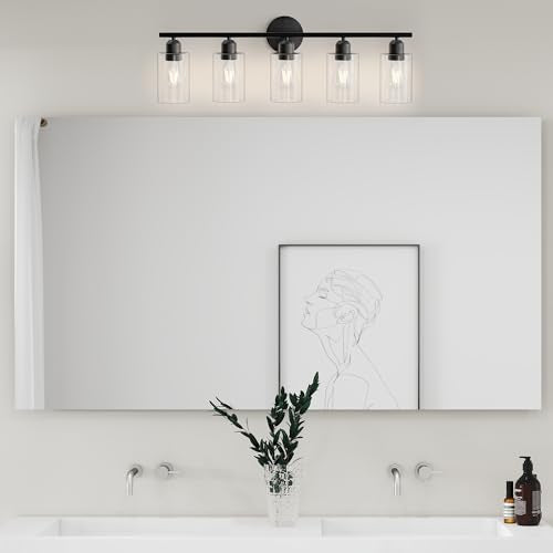 Bathroom Vanity Light Fixtures Matte Black Bathroom Lighting Fixture, 5 Lights Bathroom Light Fixture Over Mirror, Modern Black Vanity Light, Wall Sconces with Glass Shades - color: Matte Black, size: 5 Lights