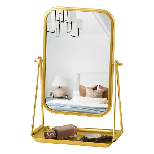 Gold Desk Mirror Rectangular Tabletop Vanity Makeup Mirrors with Metal Stand and Storage 360°Rotation Adjust Table Mirror Portable Cosmetic Mirrors for Dressing Bathroom Bedroom - color: Rectangular-gold